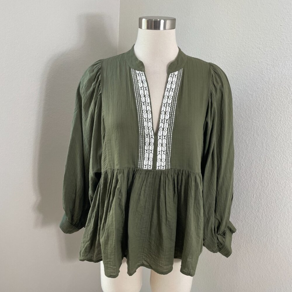 Banana Republicโ Womens Medium Green Embroidered Boho Peasant Blouse Shirt Top